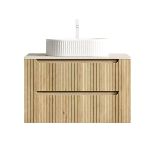 Schwebender Badezimmer-Waschtisch-Set, ovales Keramik-Aufsatzbecken geriffelte Außenwand, Sinterstein-Arbeitsplatte, gestreifter Sperrholz-Unterschrank zwei Soft-Close-Schubladen (Natur,80cm) von WEALTHOUSE