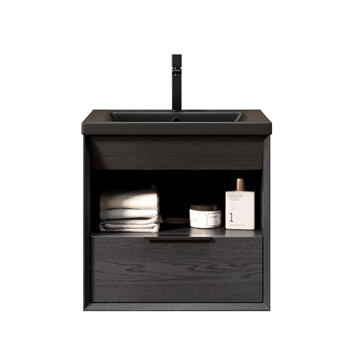 Schwebender Badezimmer-Waschtisch integriertes Unterbau-Keramikbecken 45° PUR-Schrägkante sperrholzbasierter Schrank offenes Regal Vollauszug-Schublade Soft-Close vormontierte (Schwarz,51cm) von WEALTHOUSE