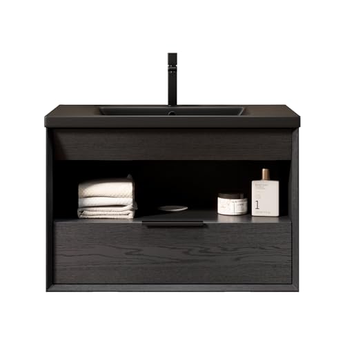 Schwebender Badezimmer-Waschtisch integriertes Unterbau-Keramikbecken 45° PUR-Schrägkante sperrholzbasierter Schrank offenes Regal Vollauszug-Schublade Soft-Close vormontierte (Schwarz,75cm) von WEALTHOUSE
