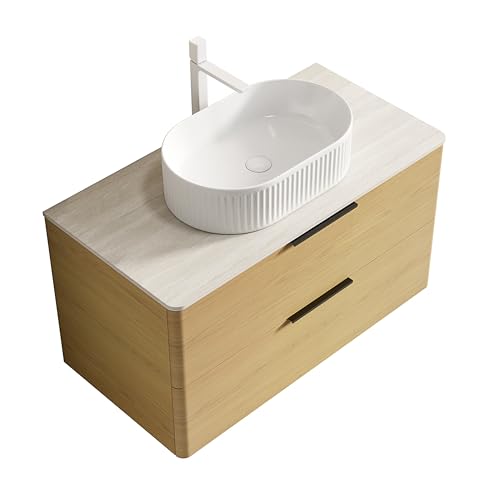 Schwebender Badezimmer-Waschtisch mit Ovalem Keramik-Waschbecken und Gestreifter Außenseite, Travertin-Sintersteinplatte, Moderner Unterschrank mit Gebogenen Kanten, Zwei Auszügen (Eiche,90cm) von WEALTHOUSE
