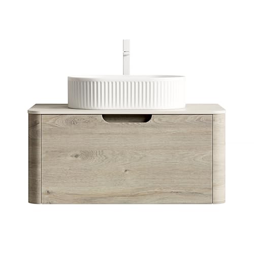 Schwebender Badezimmer-Waschtisch mit weißem ovalem Keramik-Waschbecken,römische Travertin-Sintersteinplatte,Gebogene Kanten,Soft-Close-Schublade,vormontierter Unterschrank (Eiche cremefarbene,80cm) Schwebender Badezimmer-Waschtisch mit weißem ovalem Keramik-Waschbecken,römische Travertin-Sintersteinplatte,Gebogene Kanten,Soft-Close-Schublade,vormontierter Unterschrank (Eiche cremefarbene,80cm) von WEALTHOUSE