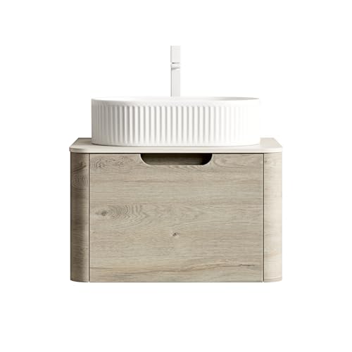 Schwebender Badezimmer-Waschtisch mit weißem ovalem Keramik-Waschbecken,römische Travertin-Sintersteinplatte,Gebogene Kanten,Soft-Close-Schublade,vormontierter Unterschrank (Eiche cremefarbene,60cm) Schwebender Badezimmer-Waschtisch mit weißem ovalem Keramik-Waschbecken,römische Travertin-Sintersteinplatte,Gebogene Kanten,Soft-Close-Schublade,vormontierter Unterschrank (Eiche cremefarbene,60cm) von WEALTHOUSE
