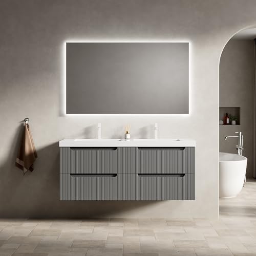 Schwebender Badmöbel-Waschtisch Doppelbecken, integrierte Kunststein-Arbeitsplatte, flächenbündige Unterbauspülen, gerillte Fronten,massives Sperrholz, vier Soft-Close-Schubladen (Grau,120cm) von WEALTHOUSE