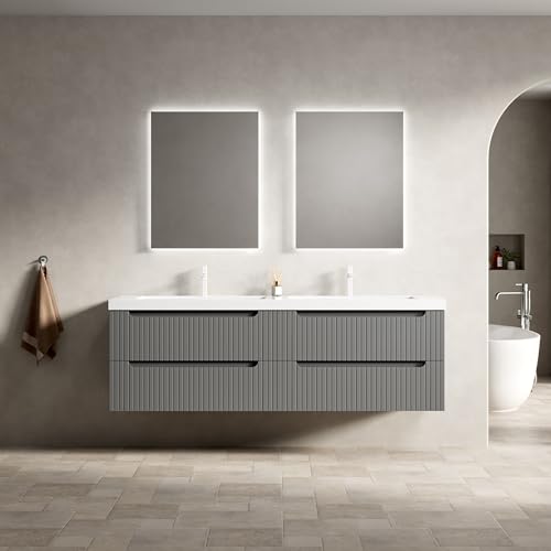 Schwebender Badmöbel-Waschtisch Doppelbecken, integrierte Kunststein-Arbeitsplatte, flächenbündige Unterbauspülen, gerillte Fronten,massives Sperrholz, vier Soft-Close-Schubladen (Grau,160cm) von WEALTHOUSE