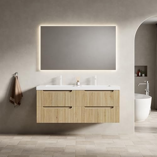 Schwebender Badmöbel-Waschtisch Doppelbecken, integrierte Kunststein-Arbeitsplatte, flächenbündige Unterbauspülen, gerillte Fronten,massives Sperrholz, vier Soft-Close-Schubladen (Natur,120cm) von WEALTHOUSE