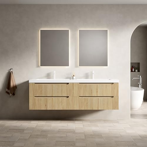 Schwebender Badmöbel-Waschtisch Doppelbecken, integrierte Kunststein-Arbeitsplatte, flächenbündige Unterbauspülen, gerillte Fronten,massives Sperrholz, vier Soft-Close-Schubladen (Natur,160cm) von WEALTHOUSE