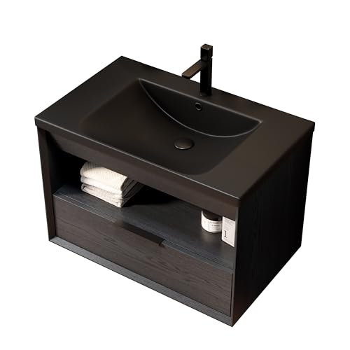 Schwimmender Badezimmer-Waschtisch mit integriertem schwarzem Keramikunterbauwaschbecken, vormontierter Sperrholzschrank mit schrägen 45-Grad-Kanten, offenem Regal und Schublade (Schwarz,74.5cm) von WEALTHOUSE