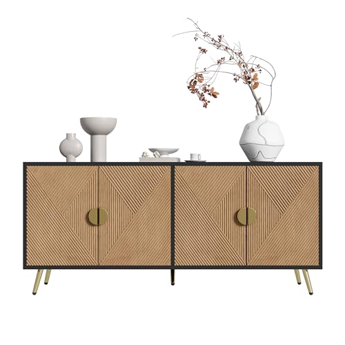 Sideboard mit vier Türen,strukturierter Front,geometrischem Linienmuster,Soft-Close-Scharnieren,gebürsteten Griffen,Metallfüßen,modernem Design,Stauraumlösung für Wohnzimmer (Schwarz+Holzmaserung) von WEALTHOUSE