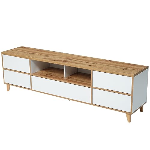 TV Lowboard Fernsehschrank für Wohnzimmer mit 4 Türen und offenen Fächern, modernes TV Möbel mit Massivholzfüßen, Weiß Holz-Optik Fernsehtisch, Multimedia Sideboard mit Kabeldurchführung (Weiß) TV Lowboard Fernsehschrank für Wohnzimmer mit 4 Türen und offenen Fächern, modernes TV Möbel mit Massivholzfüßen, Weiß Holz-Optik Fernsehtisch, Multimedia Sideboard mit Kabeldurchführung (Weiß) von WEALTHOUSE