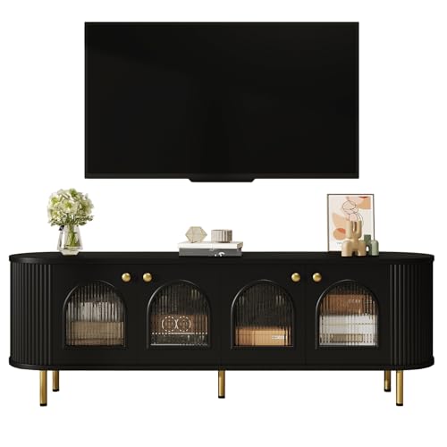 TV-Schrank mit Glastüren, Lowboard mit goldfarbenen Metallbeinen, modernes Medienmöbel mit eleganter Wellenstruktur, Aufbewahrungseinheit mit Kabeldurchführung und Soft-Close-Scharnieren (Schwarz) von WEALTHOUSE