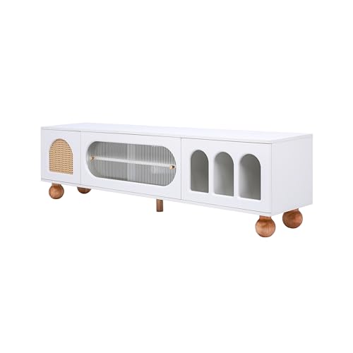 TV-Schrank mit Rattantür Glas-Schiebetür goldenen Griffen offenen Ablagefächern Holzfüßen Soft-Close-System Sideboard Retro Design Mediensideboard Wohnzimmermöbel modern schlicht elegant (Weiß) von WEALTHOUSE