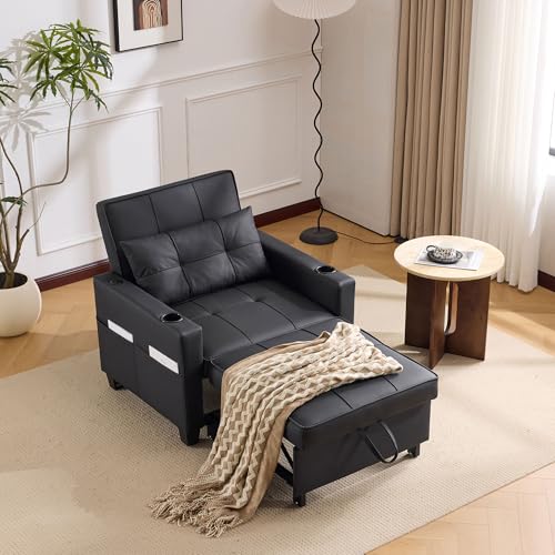 WEALTHOUSE 3-in-1 Ausziehbares Schlafsofa mit Getränkehaltern, Sessel Liegestuhl Einzelbett Klappsofa mit Verstellbarer Rückenlehne, Sofa Stuhl Relaxsessel Schlafstuhl (Schwarz) von WEALTHOUSE