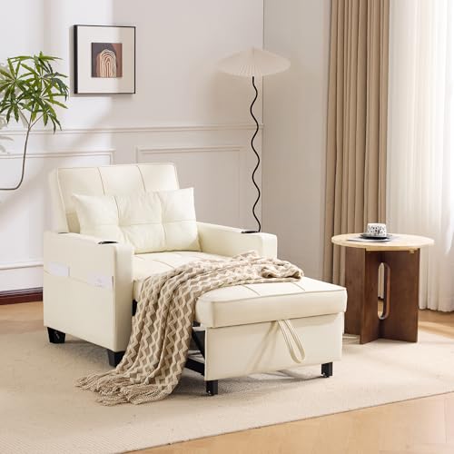 WEALTHOUSE 3-in-1 Ausziehbares Schlafsofa mit Getränkehaltern, Sessel Liegestuhl Einzelbett Klappsofa mit Verstellbarer Rückenlehne, Sofa Stuhl Relaxsessel Schlafstuhl (Weiß) von WEALTHOUSE