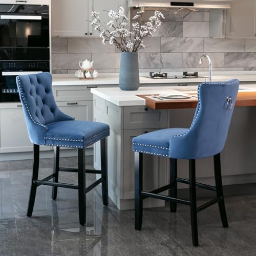 WEALTHOUSE Barhocker Doppelpack Samtpolster Knopfheftung Rückenlehne Nietenleiste Holzgestell Fußstütze Schaumkern Komfortsitz Kücheninsel Theke Essbereich Wohnzimmer Apartment Lounge (Blau) von WEALTHOUSE