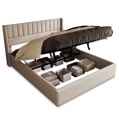 WEALTHOUSE Bett mit Aufbewahrung unter dem Lattenrahmen, gestepptes Kopfteil für Komfortables Anlehnen, Stabiler Holzmetallrahmen, funktionales Schlafzimmermöbel (Beige Mit Matratze,160x200cm) von WEALTHOUSE