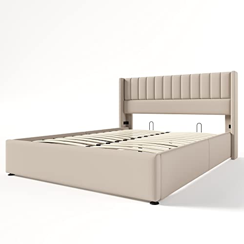 WEALTHOUSE Bett mit Aufbewahrung unter dem Lattenrahmen, gestepptes Kopfteil für Komfortables Anlehnen, Stabiler Holzmetallrahmen, funktionales Schlafzimmermöbel (Beige Ohne Matratze,160x200cm) von WEALTHOUSE