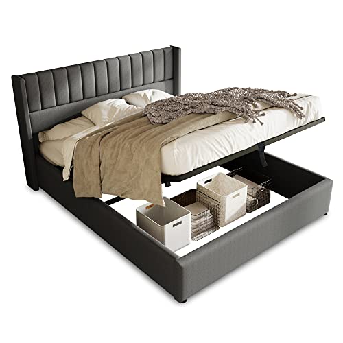 WEALTHOUSE Bett mit Aufbewahrung unter dem Lattenrahmen, gestepptes Kopfteil für Komfortables Anlehnen, Stabiler Holzmetallrahmen, funktionales Schlafzimmermöbel (Grau Mit Matratze,160x200cm) von WEALTHOUSE