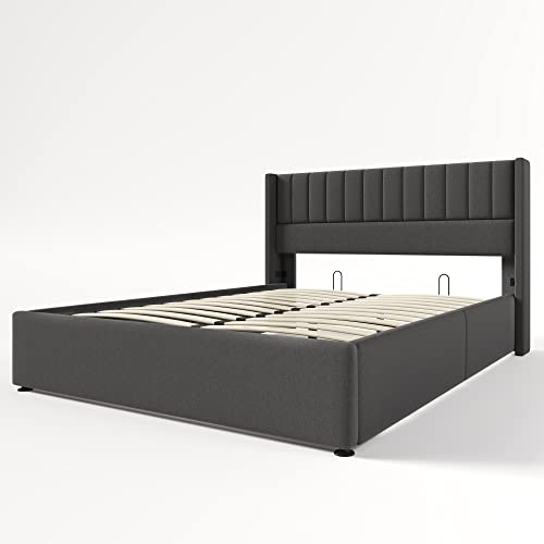 WEALTHOUSE Bett mit Aufbewahrung unter dem Lattenrahmen, gestepptes Kopfteil für Komfortables Anlehnen, Stabiler Holzmetallrahmen, funktionales Schlafzimmermöbel (Grau Ohne Matratze,140x200cm) von WEALTHOUSE