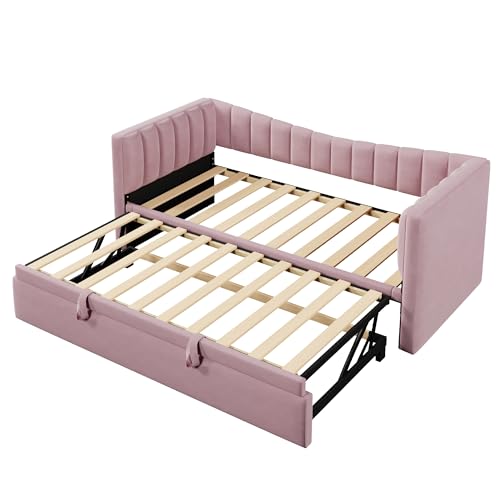 WEALTHOUSE Daybett Polsterbett mit Ausziehbett Sofabett Einzelbett Doppelbett Samt MDF minimalistisches Design verstellbares Ziehbett platzsparend modern Schlafzimmer Gästebett (Rosa,90x200cm) von WEALTHOUSE