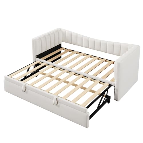 WEALTHOUSE Daybett Polsterbett mit Ausziehbett Sofabett Einzelbett Doppelbett Samt MDF minimalistisches Design verstellbares Ziehbett platzsparend modern Schlafzimmer Gästebett (Weiß,90x200cm) von WEALTHOUSE