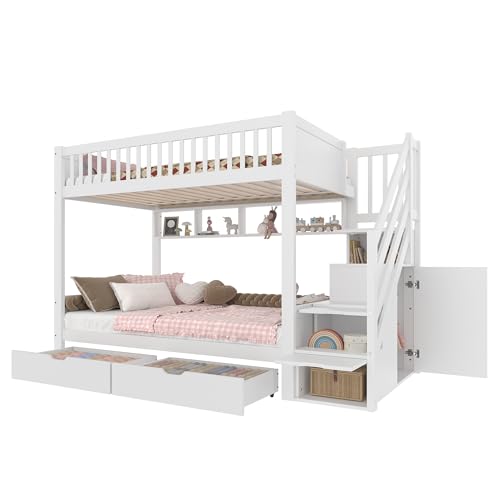 WEALTHOUSE Etagenbett Treppenschrank Staufach Kleiderstange Regalböden Doppelschubladen Leiterfrei Kiefernholz MDF LVL robust feuchtigkeitsresistent platzsparend rutschfeste Stufen (Weiß,90x200cm) von WEALTHOUSE