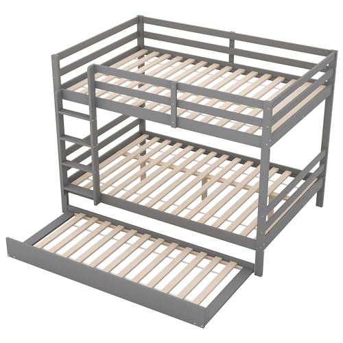 WEALTHOUSE Etagenbett mit Ausziehbett aus Massivholz Kiefer MDF, platzsparendes Doppelstockbett mit sicherem 26 cm hohem Geländer, Stabiler Treppe, starker Belastbarkeit 120 kg (Grau,140x200cm) von WEALTHOUSE