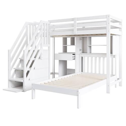 WEALTHOUSE Etagenbett mit Schreibtisch Treppe Regal Schubladen Hochbett Holz Treppenbett Stauraumgeländer Arbeitsplatz Jugendzimmer Möbel Multifunktionsbett Leiter Regalfläche Lernecke von WEALTHOUSE