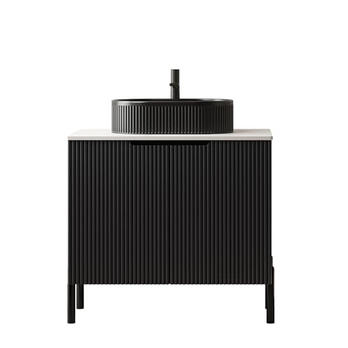 WEALTHOUSE Freistehender Badezimmerwaschtisch,gesinterter Carrara-Stein Arbeitsplatte,gestreifter Unterschrank,Doppeltüren Soft-Close,Aufsatzwaschbecken (76cm,Schwarzem Keramikwaschbecken) von WEALTHOUSE