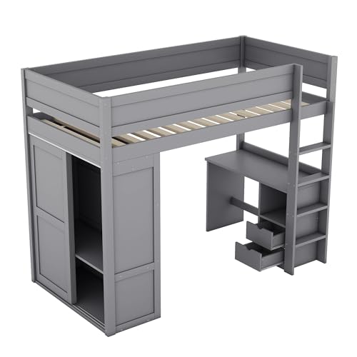 WEALTHOUSE Hochbett mit integriertem Schreibtisch und Kleiderschrank aus massivem Kiefernholz und MDF, inklusive Zwei Schubladen, Stauraumregalen, Stabiler Treppe mit Ablagefächern (Grau,90x200cm) von WEALTHOUSE