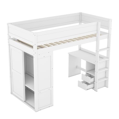 WEALTHOUSE Hochbett mit integriertem Schreibtisch und Kleiderschrank aus massivem Kiefernholz und MDF, inklusive Zwei Schubladen, Stauraumregalen, Stabiler Treppe mit Ablagefächern (Weiß,90x200cm) von WEALTHOUSE