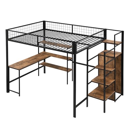 WEALTHOUSE Hochbett mit integriertem Schreibtisch und Regalen, Eisenrahmen mit MDF-Ablagen, mit Treppenleiter und Kleiderschrank, Arbeitsfläche, Bücherregalen und Stauraum (Schwarz,140x200cm) von WEALTHOUSE