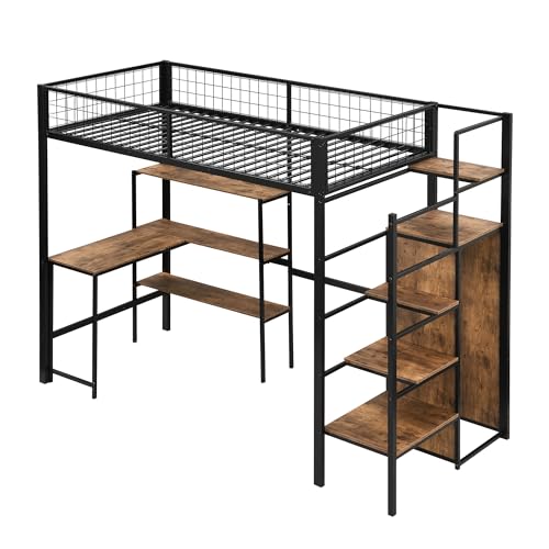 WEALTHOUSE Hochbett mit integriertem Schreibtisch und Regalen, Eisenrahmen mit MDF-Ablagen, mit Treppenleiter und Kleiderschrank, Arbeitsfläche, Bücherregalen und Stauraum (Schwarz,90x200cm) von WEALTHOUSE