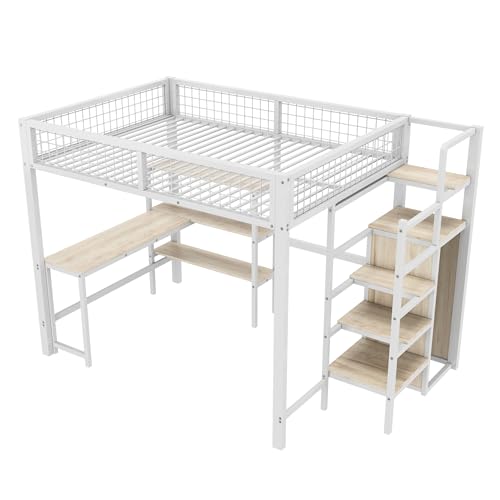 WEALTHOUSE Hochbett mit integriertem Schreibtisch und Regalen, Eisenrahmen mit MDF-Ablagen, mit Treppenleiter und Kleiderschrank, Arbeitsfläche, Bücherregalen und Stauraum (Weiß,140x200cm) von WEALTHOUSE