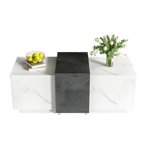 WEALTHOUSE Kaffeetisch Marmoroptik Couchtisch rollbare Mittelplatte Soft-Close Staufach Türen Scharniere Wohnzimmer Büro Minimalistischer Möbel Tischplatte verschiebbar Stauraum verborgen von WEALTHOUSE