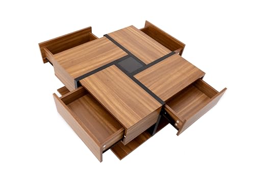 WEALTHOUSE Kaffeetisch im kreativen Würfel-Stil mit verdecktem Stauraum, glänzende Oberfläche, funktionale Schubladenelemente, raffinierte Linienführung, dekorativer Mittelpunkt (Schwarz+Holz) von WEALTHOUSE