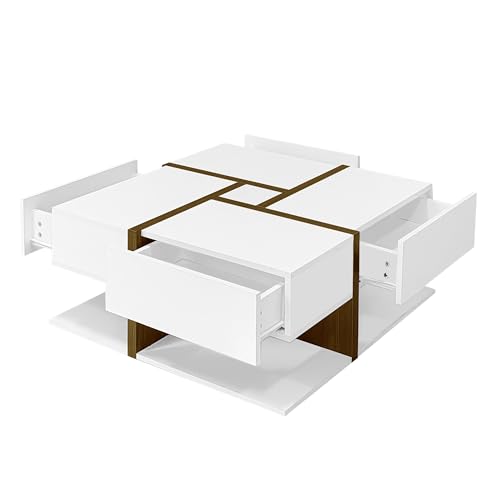 Kaffeetisch im kreativen Würfel-Stil mit verdecktem Stauraum, glänzende Oberfläche, funktionale Schubladenelemente, raffinierte Linienführung, dekorativer Mittelpunkt (Weiß+Holzfarbe) von WEALTHOUSE