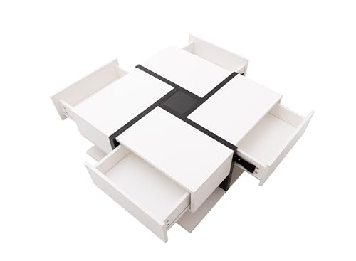 Kaffeetisch im kreativen Würfel-Stil mit verdecktem Stauraum, glänzende Oberfläche, funktionale Schubladenelemente, raffinierte Linienführung, dekorativer Mittelpunkt (Weiß+Schwarz) von WEALTHOUSE