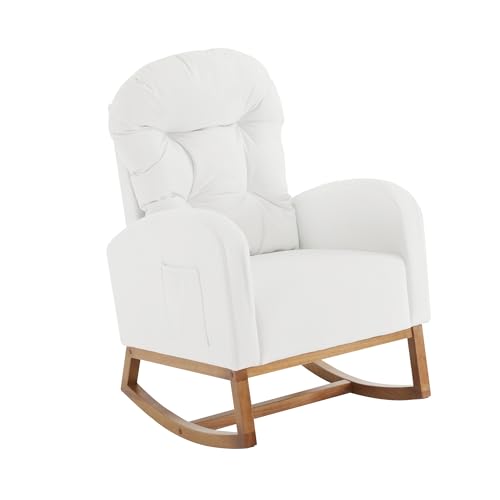 WEALTHOUSE Komfortabler Schaukelstuhl mit hoher Rückenlehne und gepolsterter Sitzfläche, Polsterstuhl mit weichem Baumwollflanell, Massivholz-Gestell, Loungesessel für Wohnzimmer Schlafzimmer Balkon von WEALTHOUSE