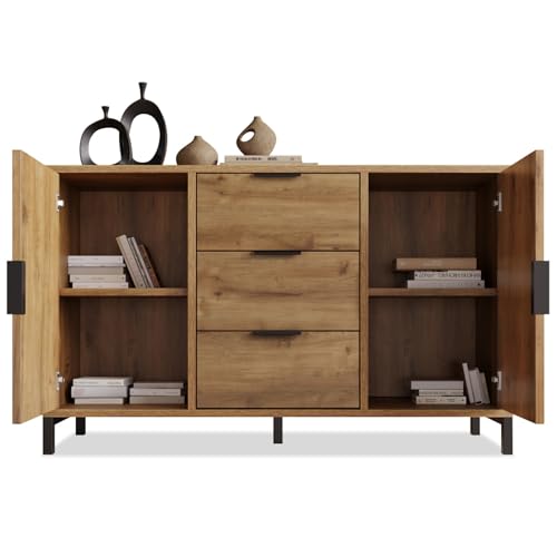 WEALTHOUSE Kommode mit Türen und Schubladen aus Holzoptik, modernes Sideboard Highboard mit höhenverstellbaren Regalböden und Metallelementen, Schubladenschrank mit leichtgängigen Gleitschienen von WEALTHOUSE