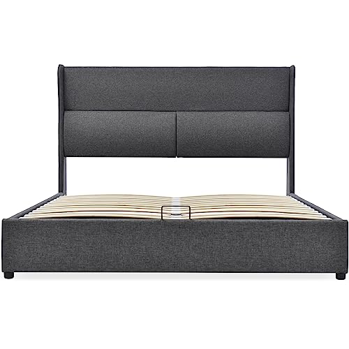 WEALTHOUSE Leinenbettgestell mit praktischem Stauraum und höhenverstellbarer Rückenlehne, Wingback-Kopfstütze, Belüftungssystem, Lattenrostbett für Schlafkomfort (Ohne Matratze,180x200cm) von WEALTHOUSE
