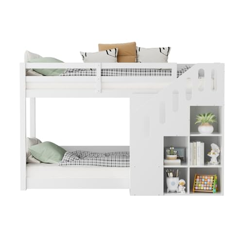 WEALTHOUSE Massivholz-Hochbett mit seitlicher Treppe und eingebautem Regal, platzsparendes Doppelbett mit Sicherheitsrahmen, integrierter Stauraum, funktionales Möbel für modernes Schlafzimmerdesign von WEALTHOUSE