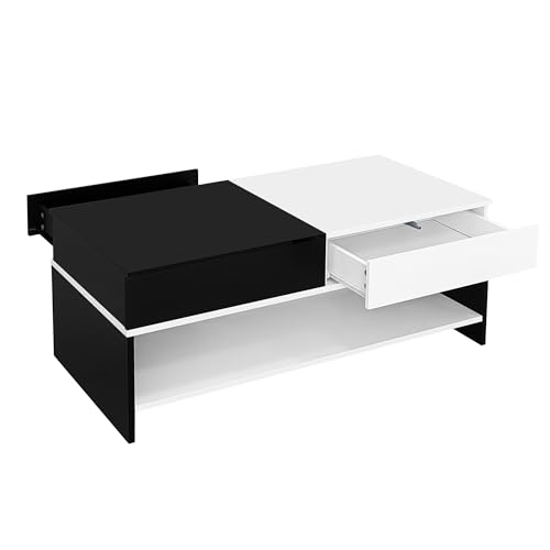 WEALTHOUSE Moderner Couchtisch mit Schubladen Stauraum rechteckig Hochglanz Oberfläche Wohnzimmertisch Design Sofatisch mit Ablagefläche MDF Spanplatte Beistelltisch minimalistisch (Schwarz+Weiß) von WEALTHOUSE