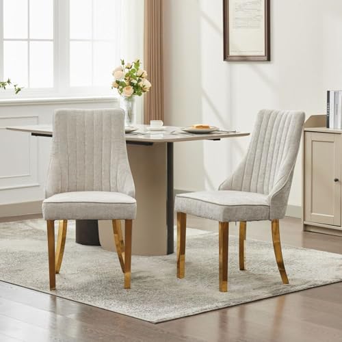 WEALTHOUSE Moderner Esszimmerstuhl mit Rückenlehne, Stoffbezug, ergonomischem Sitz, vertikaler Steppung, Metall- oder Holzbeinen für Wohnzimmer, Küche, Hotel (Beige B) von WEALTHOUSE