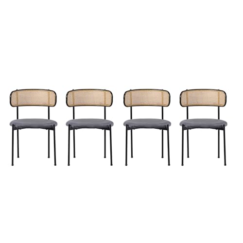 WEALTHOUSE Moderner Esszimmerstuhl mit Samtbezug und elegant gebogener Rattanlehne, ergonomischer Metallrahmenstuhl mit runder Sitzfläche für Wohnzimmer, Schlafzimmer, Büro oder Wartebereich (Grau,4) von WEALTHOUSE