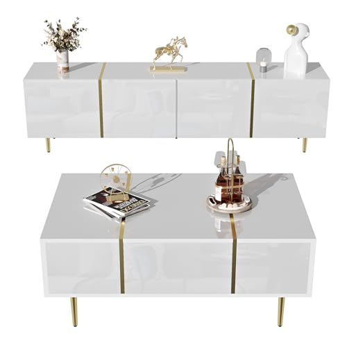 WEALTHOUSE Moderner Hochglanz TV-Schrank und Couchtisch Set mit Soft-Close-Scharniere und goldenen Metallakzenten – Minimalistisches Design mit großzügigem Stauraum, müheloser Reinigung (Weiß) von WEALTHOUSE