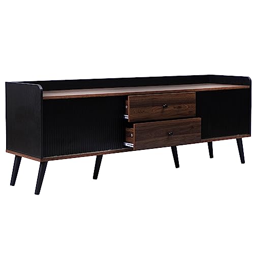WEALTHOUSE Moderner TV-Schrank mit Schiebetüren und Schubladen, Fernsehtisch im Retro-Stil mit Holzbeinen, Stauraum für Wohnzimmermöbel, Sideboard mit erhöhtem Rand,stilvolle Streifenfront (Schwarz) von WEALTHOUSE