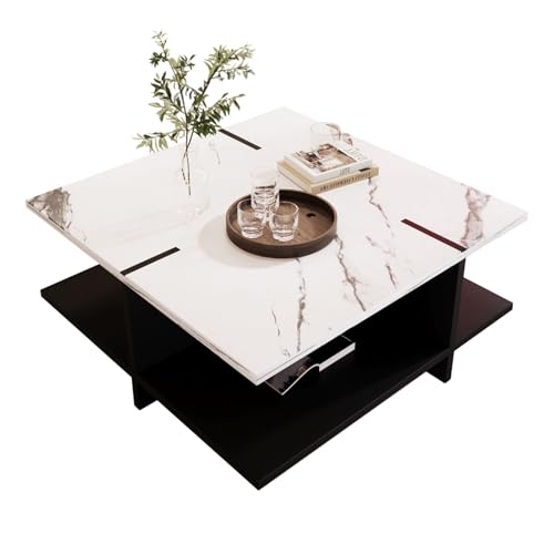 WEALTHOUSE Moderner quadratischer Couchtisch mit offener Ablage, Marmoroptik Tischplatte in Schwarz-Weiß Design, Beistelltisch mit 4 Fächern für Wohnzimmer Deko, MDF Holzstruktur, leicht montierbar von WEALTHOUSE