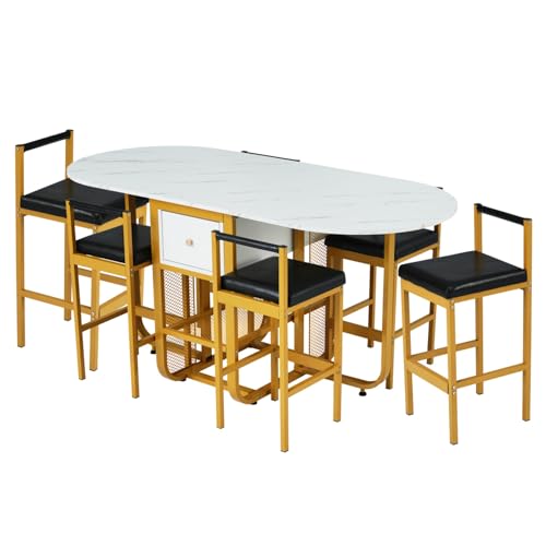WEALTHOUSE Modernes Essgruppen-Set mit faltbarem multifunktionalem Klapptisch, integriertem Stauraum, schwarzer PU-Sitzfläche, Stabiler Metallrahmenstruktur, 6 platzsparend verstaubaren Stühlen von WEALTHOUSE