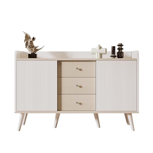 WEALTHOUSE Modernes Sideboard mit 3 Schubladen und Zwei strukturierten Schiebetüren, Aufbewahrungsschrank mit erhöhtem Rand, Massivholzbeinen, stilvollem Stauraumregal für Wohnzimmer Esszimmer (Weiß) von WEALTHOUSE