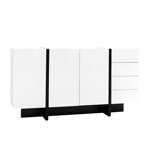 WEALTHOUSE Modernes Sideboard mit Hochglanz-Oberfläche, Stauraum mit 2 Türen und 4 Schubladen, stilvolles Design mit schwarzen Akzenten, Kommode für Wohnzimmer, Esszimmer oder Schlafzimmer (Weiß) von WEALTHOUSE